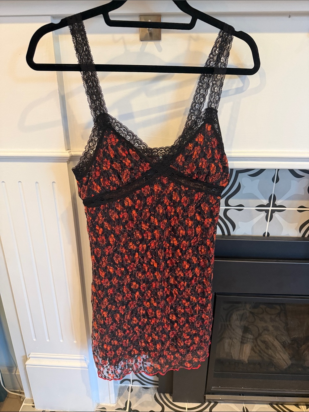 Urban Outfitters Black Lace-Trim Red Floral Slip